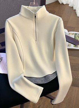 半拉链立领薄绒卫衣女今年短款设计感假两件秋冬撞色长袖上衣ins
