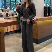 直筒裤 连帽卫衣女高腰显瘦窄版 女薄款 糯米裤 秋季 子 百搭设计感套装