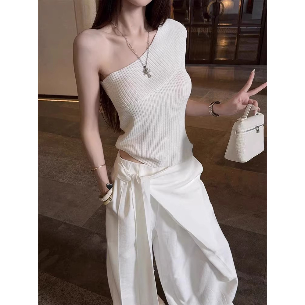 简约修身露肩斜领针织背心女时尚系带宽松休闲长裤套装