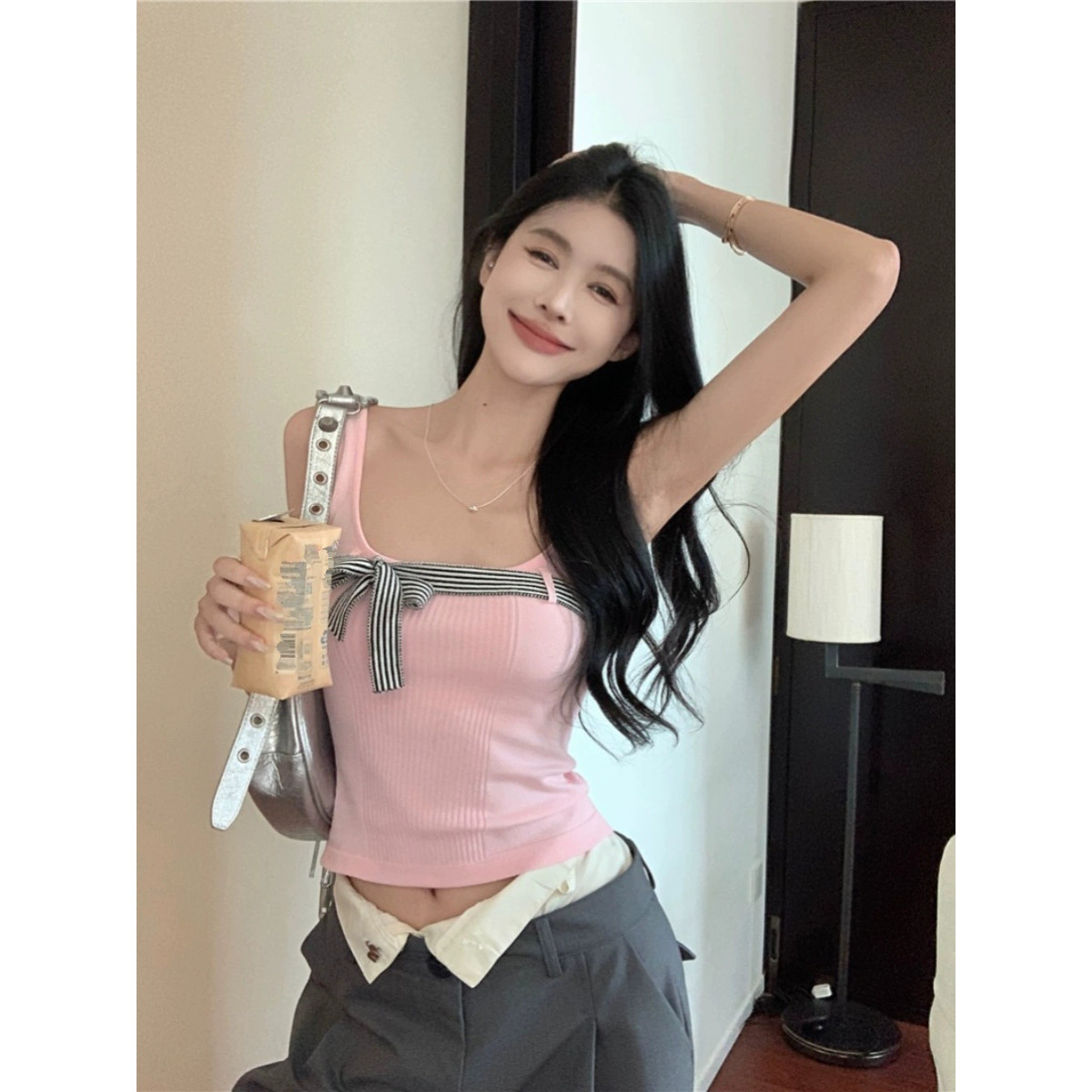 moodi纯欲风辣妹蝴蝶结吊带背心女夏季修身显瘦露背短款