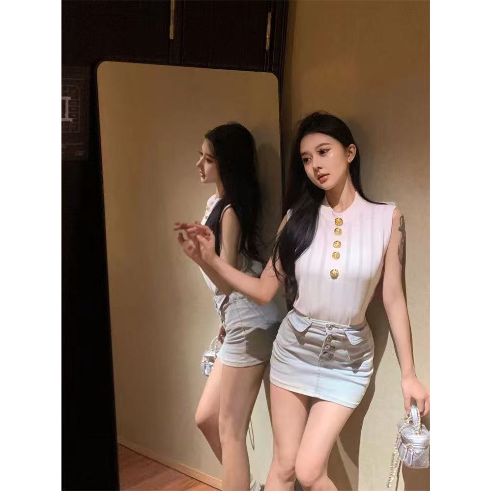 夏季新款气质半高领针织背心复古女百搭无袖别致chic修身上衣