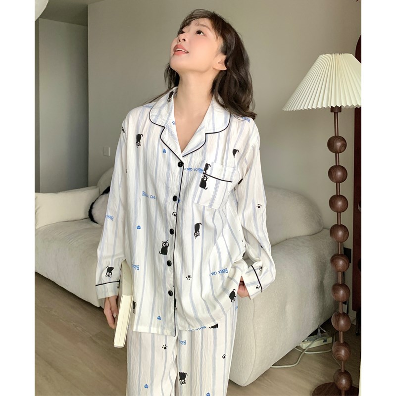 可爱猫咪睡衣女春秋季2024新款B长袖薄款学生宽松可外穿家居服套