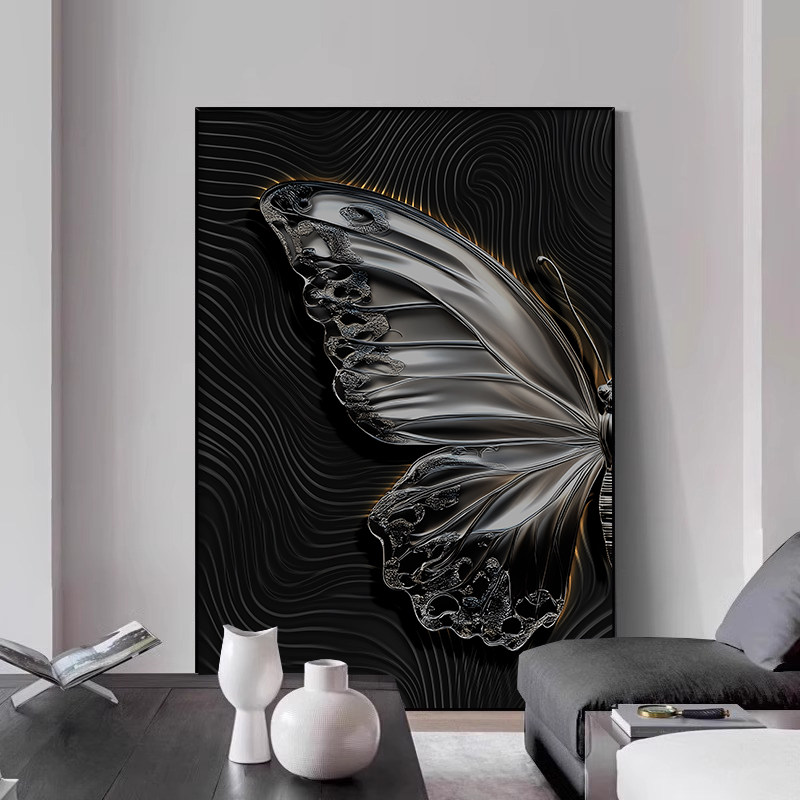 黑白色蝴蝶客厅玄关装饰画肌理感沙发背景墙落地挂画现代简约壁画