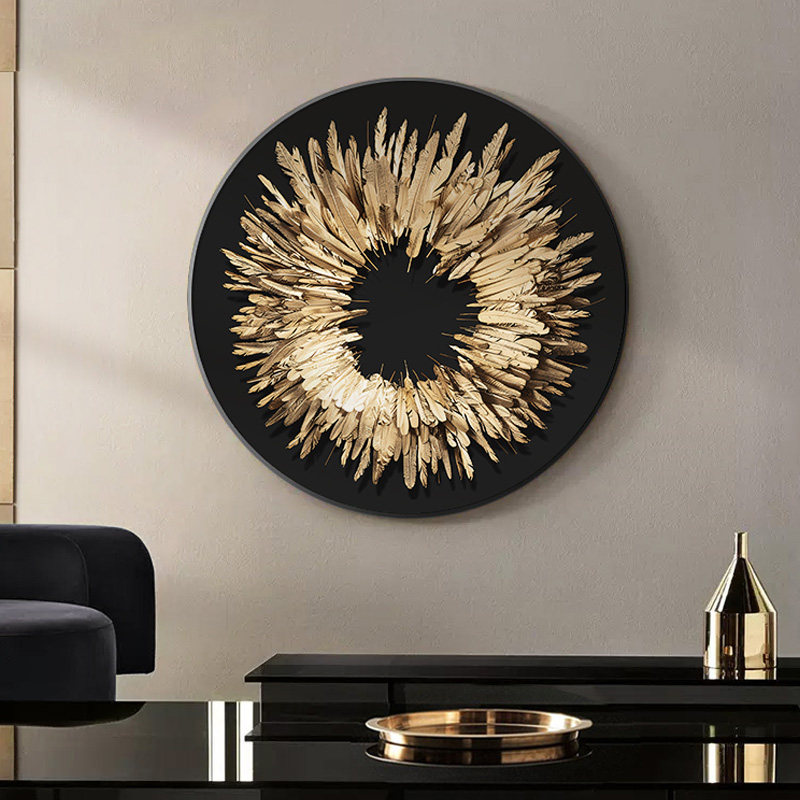 黑金色羽毛圆形玄关挂画轻奢客厅装饰画高级立体感餐厅样板房壁画