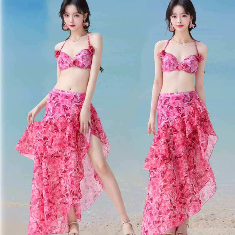 花海仙女新款游泳衣女比基尼bikini分体三件套海边度假沙滩泳装女
