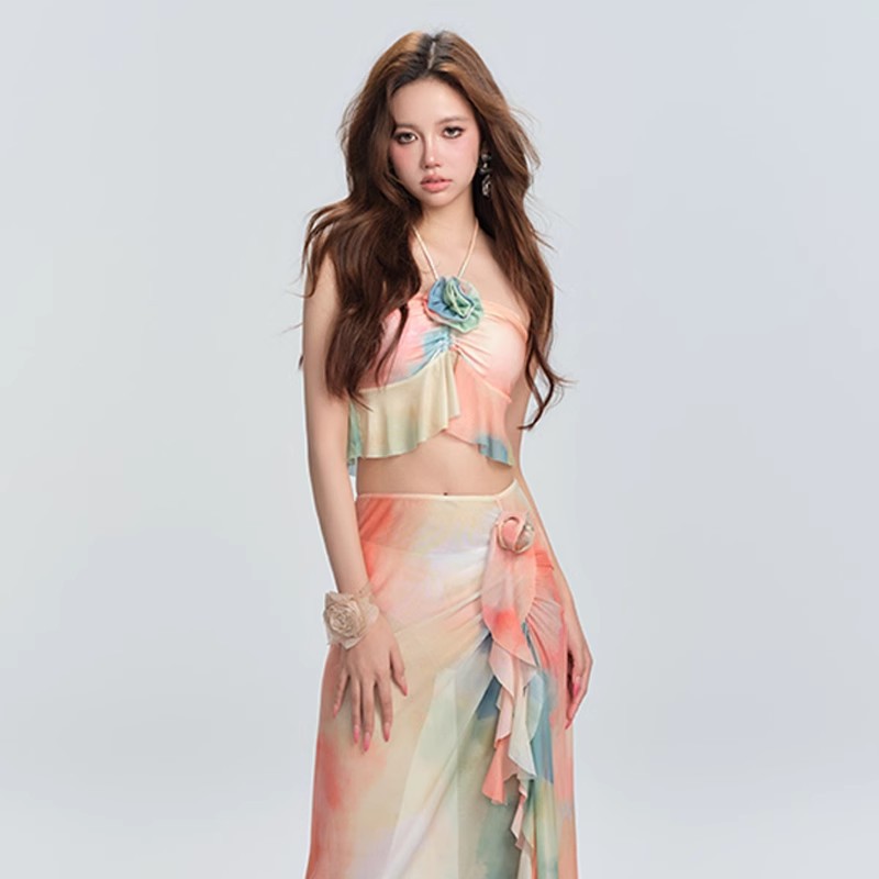 沙滩裙分体裙式游泳衣女三件套比基尼遮肚显瘦长裙小胸ins纯欲