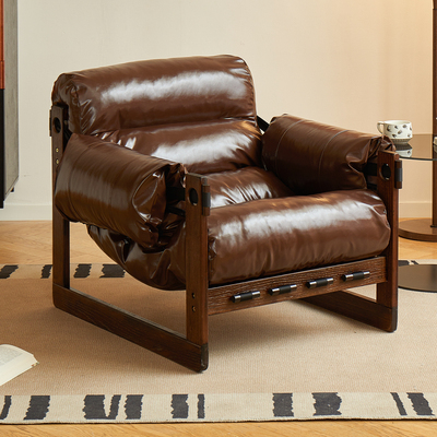 复古单人泽西岛椅单人沙发椅皮质客厅休闲椅躺椅实木框架懒人沙发
