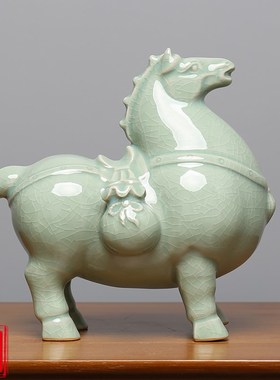 汝州汝瓷窑复古风唐马生肖摆件生日礼物客厅旺运博古架玄关装饰品