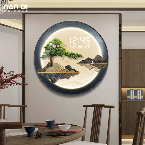 迎客松正对门玄关装饰画电子屏钟表挂钟客厅餐厅茶室会所时钟挂墙