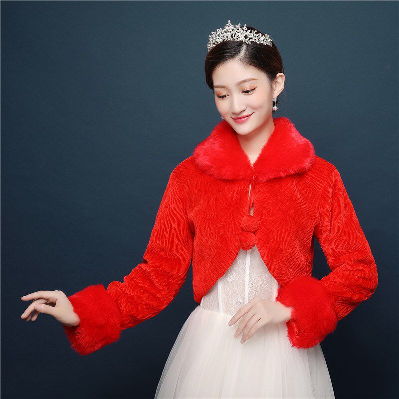 新款秋冬保暖加厚新娘结婚礼服中长袖毛边毛披肩大外套红色
