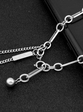 不锈钢手工项链 粗链圆珠锁骨项链 情侣字母片流苏可调整项链