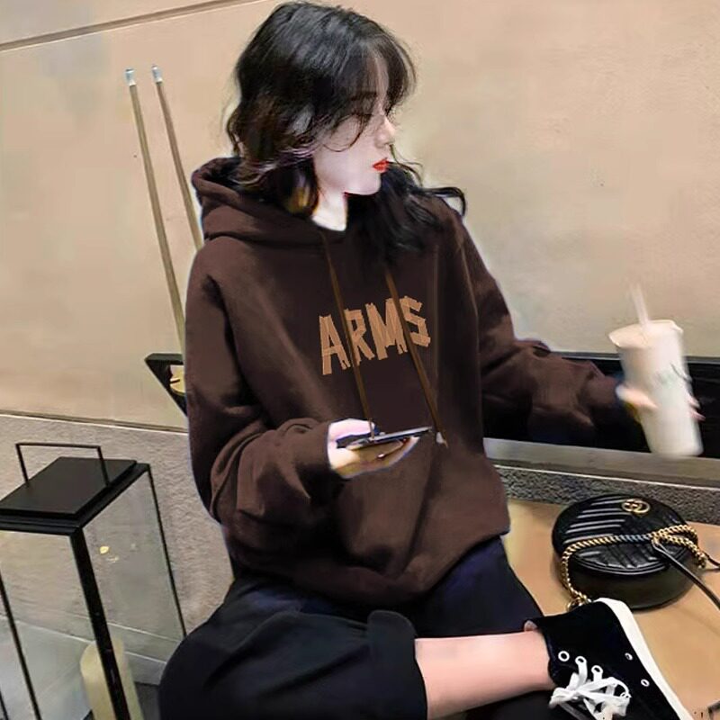 棕色连帽卫衣女2024新款爆款小个子秋冬加绒加厚春秋套头口袋外套