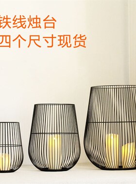 欧式简约黑色铁艺中式烛台户外气氛灯笼会所民宿酒店装饰风灯摆件