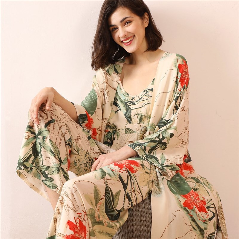 秋季新品棉绸女士三件套睡衣  舒适柔软仙鹤吊带家居服套装