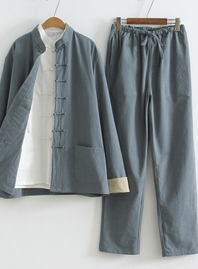 中国风唐装男式亚麻三件套中式外套春秋青年套装中老年民族风汉服