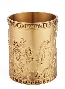 复古黄铜五虎笔筒精雕工艺品办公桌面收纳摆件书桌办公室饰品