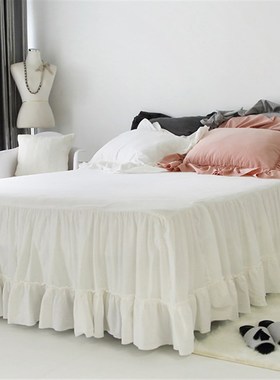 白色简约纯e棉公主床裙单件床套纯色荷叶边少女全棉床罩床单可定