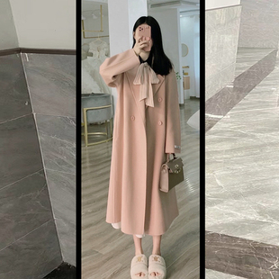 高级感粉色毛呢外套2022年春秋装新款韩版小个子呢子大衣女中长款