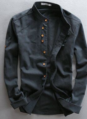 夏季立领亚麻长袖衬衫男修身休闲棉麻白色衬衣中国风薄款麻料上衣