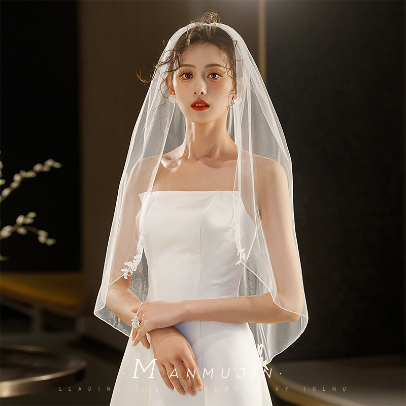 新娘结婚头饰旅拍照中长款头纱简约D密拷锁边水溶蕾丝硬网单层头