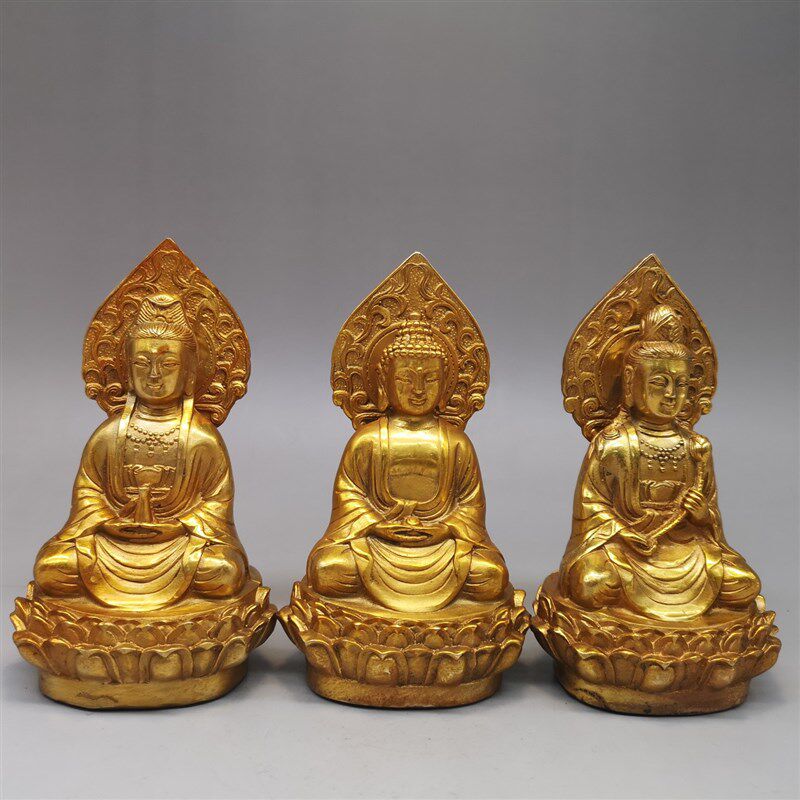 铜鎏金三圣铜观音菩萨佛像摆件观世音居观音佛像客厅摆设工艺品