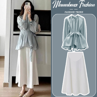 上衣半身裙两件套2024新款 洋气国风新中式 春秋 时尚 孕妇连衣裙套装