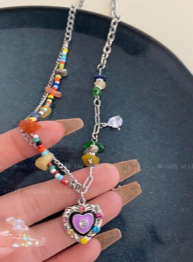 2023年新款七彩石爱心滴釉项链女夏小众网红锁骨链甜酷辣妹卫衣链