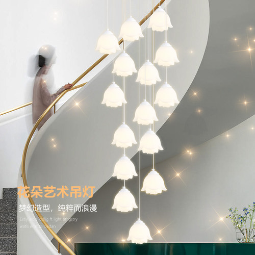 法式奶油风玫瑰花楼梯吊灯复式公寓楼梯挑高长吊灯别墅客厅大吊灯