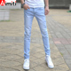铅笔休闲弹力浅蓝长裤 浅色牛仔裤 韩版 潮流百搭小脚修身 男夏季 薄款