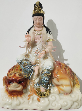 汉白玉文殊菩萨佛像居家供奉普萨普贤家用摆件手彩绘华严三圣神像