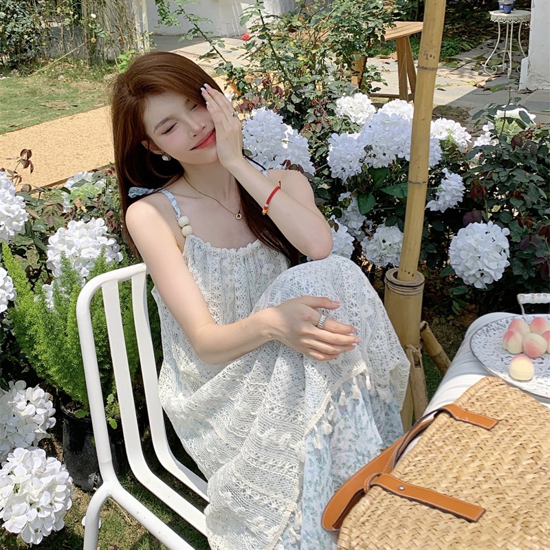 波西米亚流苏碎花吊带连衣裙女夏假两件甜美仙女裙海边度假沙滩裙