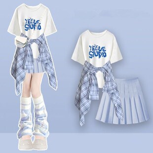 短袖 12到13一15岁大童女装 初中学生少女衬衫 套装 百褶裙三件套 夏季