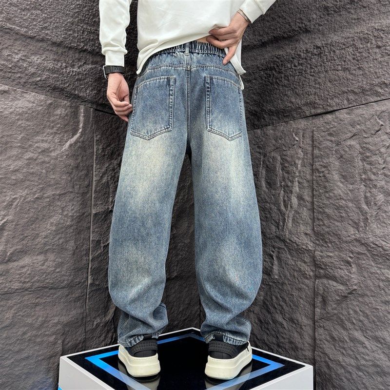秋冬加绒阔腿大码牛仔裤重磅水洗浅蓝色弯刀裤男士宽松直筒老爹裤