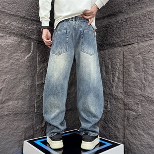 宽松直筒老爹裤 秋冬加绒阔腿大码 男士 重磅水洗浅蓝色弯刀裤 牛仔裤
