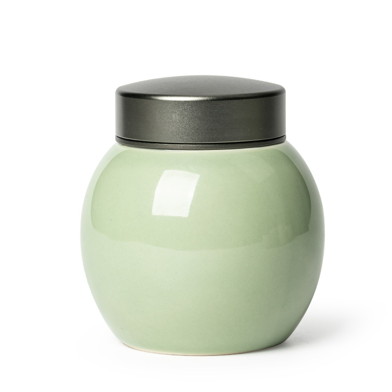 秘色釉青瓷茶叶罐小号家用金属螺旋双盖密封罐陶瓷茶罐防潮储茶仓