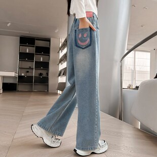 女童牛仔裤春秋款2024新款初中学生宽松儿童裤子女大童春装阔腿裤