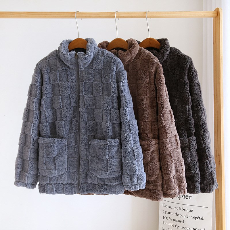 秋冬加厚家居服上衣单件男女士加绒法兰绒保暖拉链睡衣上装可外传