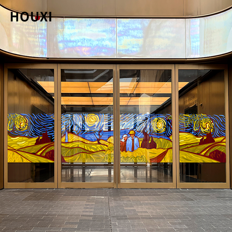 梵高星空油画玻璃贴纸静电艺术腰线底纹幼儿园画室橱窗玻璃门装饰图片