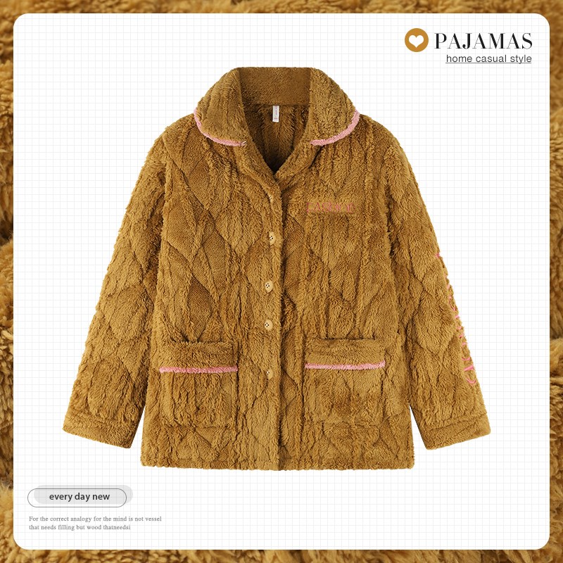 女士冬季加厚三层夹棉上衣珊瑚绒保暖可外穿开衫V领法兰绒睡衣女