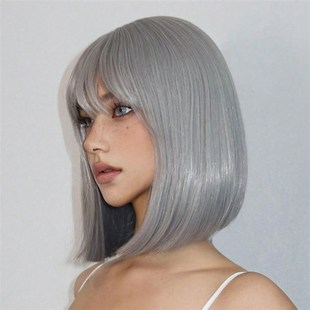 银色假发女齐刘海短发银灰色时尚新款机械感欧美风cos一刀切头套