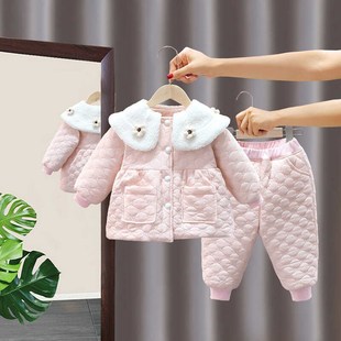 女宝宝秋冬款加绒加厚套装婴幼儿棉服女童冬装分体外套棉裤两件套
