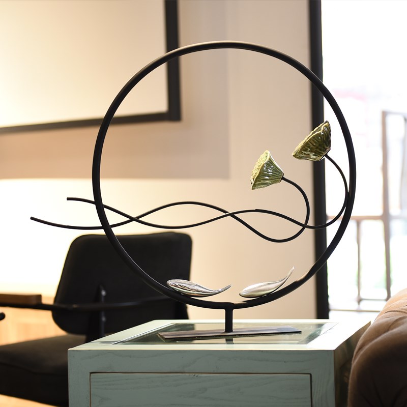 新中式禅意摆件招财莲花玄关电视柜样板房客厅创意软装铁艺工艺品