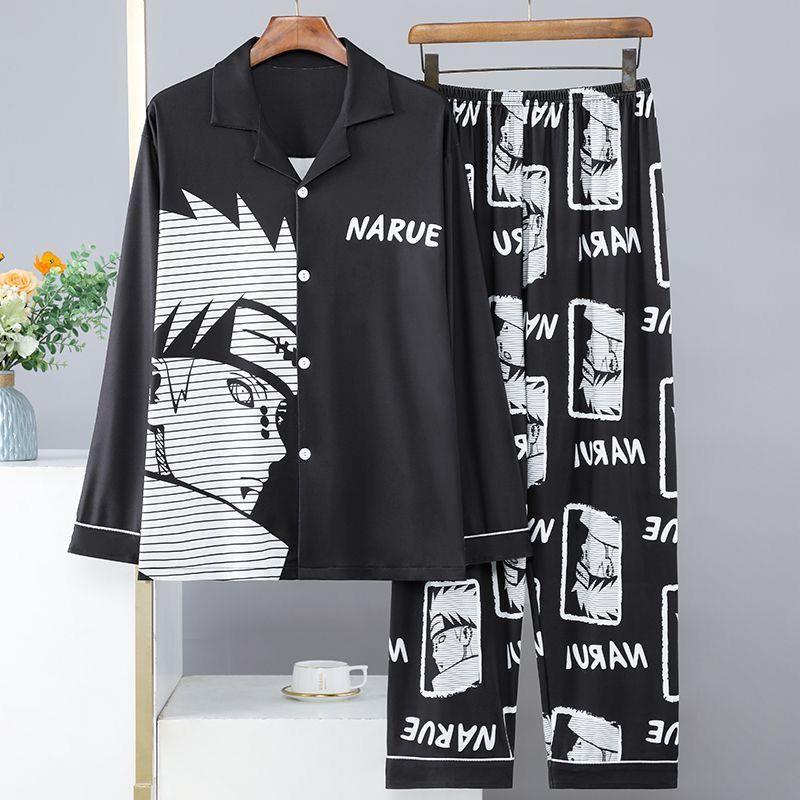 火影忍者睡衣男春秋季卡通长袖长裤薄款大码青少年宽松家居服套装