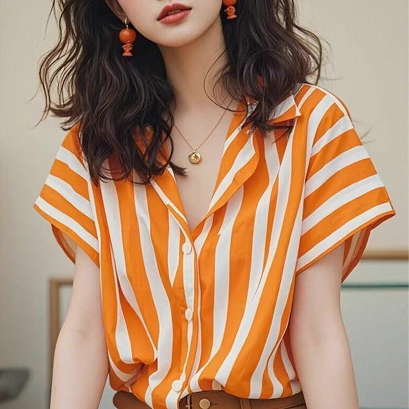 时尚气质超好看橙色条纹翻领短袖衬衫女夏季款独特百搭通勤风上衣