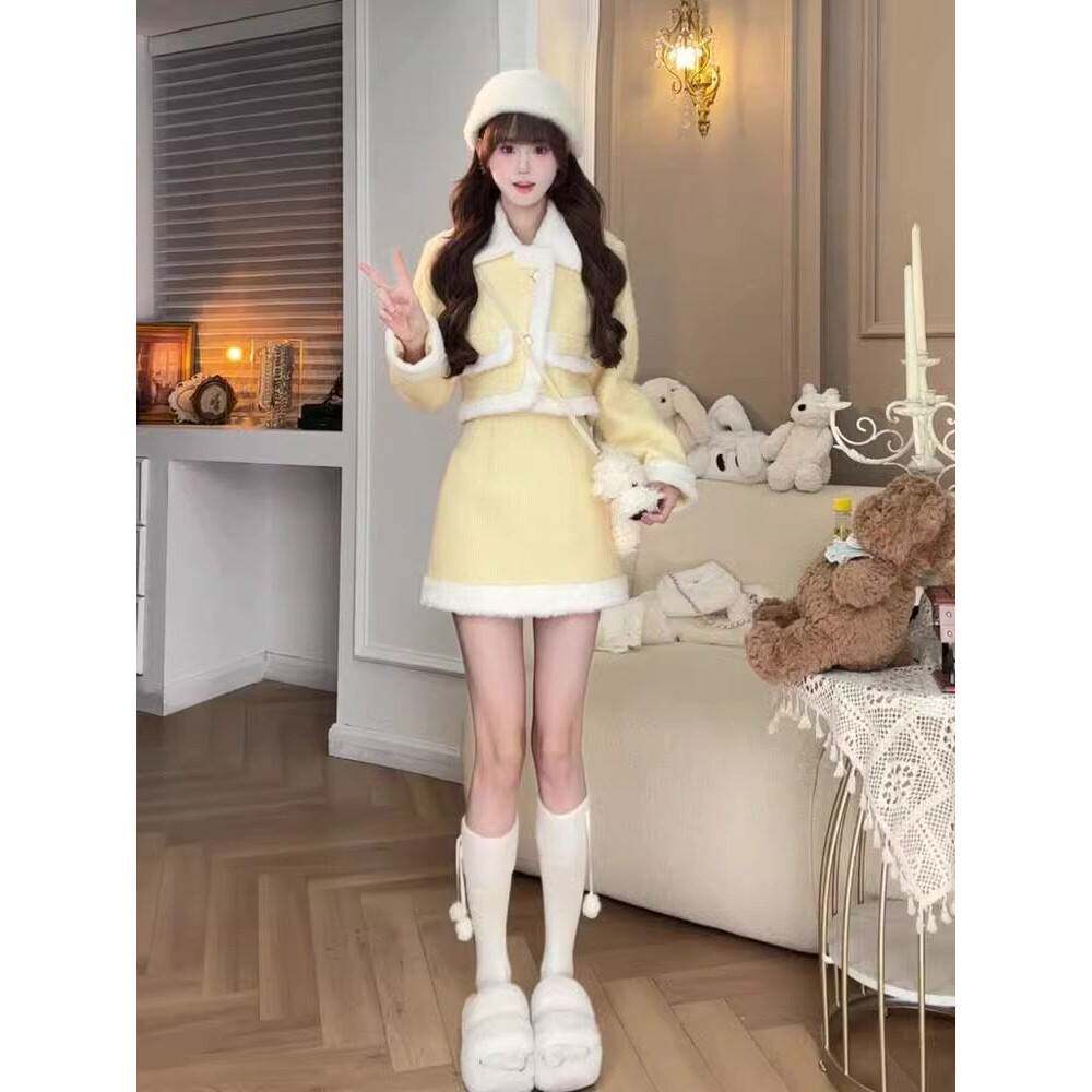 小香风穿搭一整套冬季高级感气质毛呢短款外套半身裙子两件套装女