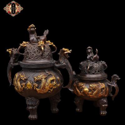 宏达 鎏金二龙太师炉 天狗炉 铜器香炉家居摆件
