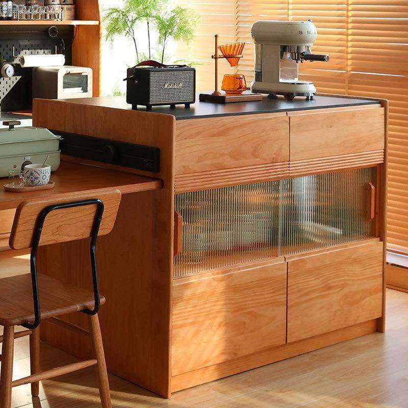 直销北欧全实木樱桃木岛台可伸缩餐桌一体日式岩板吧台储物柜