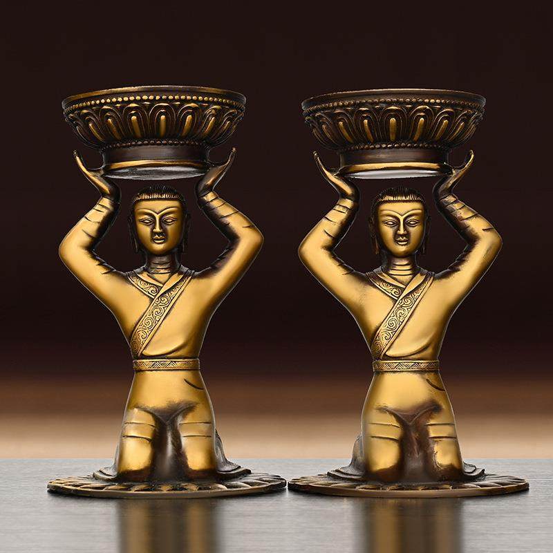 铜烛台摆件纯铜侍女烛台佛前供灯侍女灯座蜡台