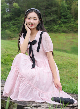 初中生连衣裙少女孩新款夏季2025大童冲长裙子粉色高中生甜美学生