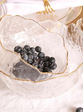 锤纹金边玻璃碗大号家用餐具日式水果g沙拉碗透明甜品碗燕麦网红